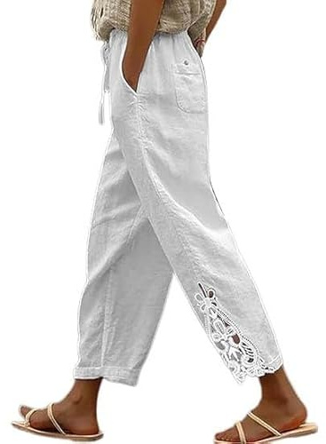 Cihdmfb Pantalon d'été pour femme - Léger - Fin - En lin - Fleurs - Dentelle - Ourlet cousu - Pantalon à enfiler - Couleur unie - Taille haute - Pantalon aéré - Pantalon de plage avec poches