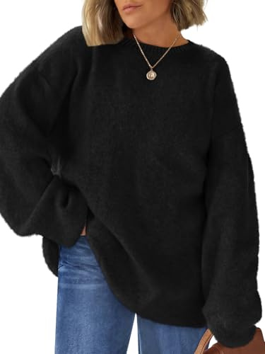 LILLUSORY Womens Oversized Tunic Sweaters Plus Size Cozy Tops Cute Chunky Crewneck Pullover Fall Fashion Long Sleeve Clothes, Black, L