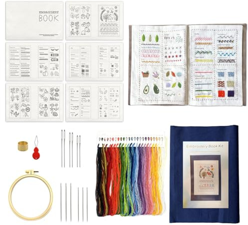 KINDLUME Livre à Broder, Kit Broderie Débutant, Kit Point de Croix Complet, Set Complet avec 12 Aiguilles, Dés à Coudre, Enfile-Aiguille et Cadre, pour Adultes, Cadeau Créative et Loisir Anti-Stress