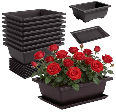PRITOK 8 stycken bonsai träningskrukor med bricka 16,5 x 12 x 6 cm bonsai träningsskålar, bonsaiskål plast djup blomkruka rektangulär planteringskruka för trädgårdar innergårdar kontor vardagsrum