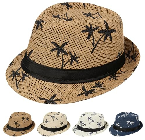 AUNGCSHE Chapeau de Paille Trilby d'été, Chapeau de Paille Panama À Bord Court, Imprimé Palmier, Chapeaux de Soleil Fedora pour Tropical, Vacances, Fête à Thème pour Hommes Femmes (Marron)