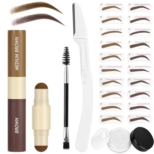 LOPHE Tampon À Sourcils Imperméable, Tampon Sourcil, Pinceaux, Double Tête | Ensemble de Tampon À Sourcil, 10 Ensembles de Pochoirs À Sourcils Réutilisables, 2 Pinceaux À Crayons À Sourcils, Sans Bavure