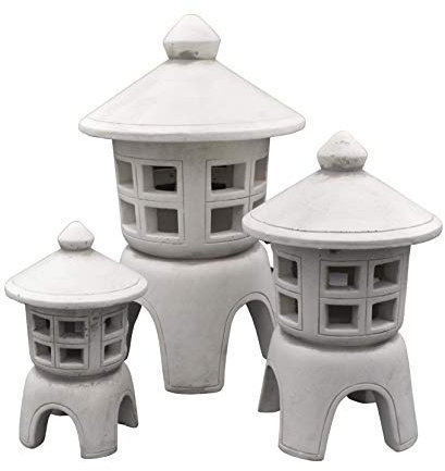 gartendekoparadies.de Set mit DREI japanischen Oki-Gata Steinlaterne, H. 45/32/23 cm, 24 kg, Grau, frostsicher aus Steinguss für Außenbereich