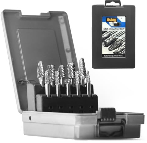 Carbide Burrs Set with 1/4''Shank Double Cut Solid Power Tools Tungsten Carbide Rotary Files Bits for Die Grinder Metal Wood Carving Engraving Polishing Drilling Grinding Milling Cutting 10pcs