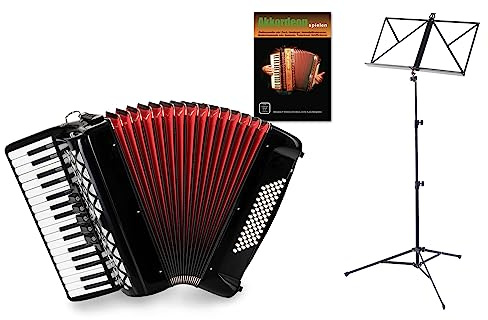 Acordeón Clásico Cantabile 72 Bajos Secondo V Set (Acordeón de 72 bajos con funda y correas incl. atril y escuela de acordeón) Negro