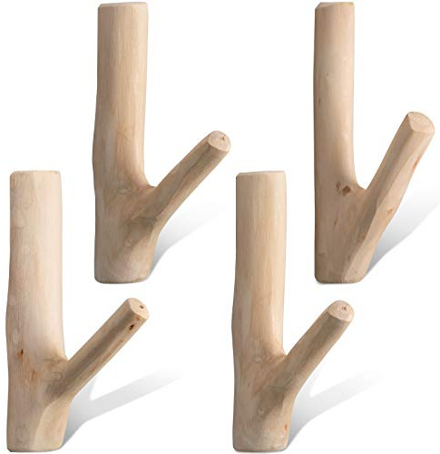Jetec 4 Piezas Ganchos de Pared de Rama Árbol de Madera Natural Vintage Real Set de Ganchos Hecho a Mano Montados en Pared Ganchos Adhesivos Decorativos Rústicos Succión Fuerte (Ancho 2-3 cm)