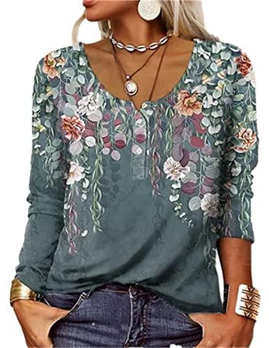 GRMLRPT Camicia Manica Lunga Maglia Donna Scollo a V T-Shirt Elegante Bluse Maglietta Donna Stampato Basic Tee Shirt(Verde,L)