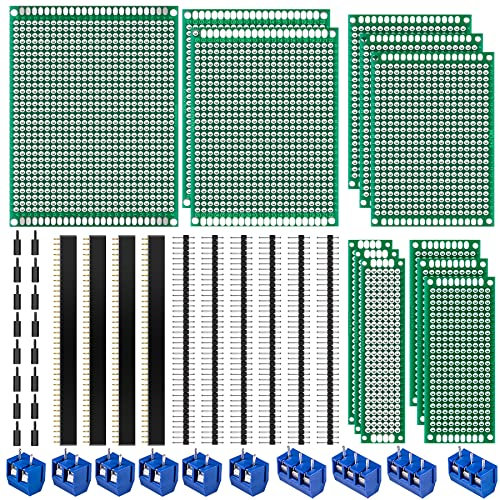 48Stk Lochrasterplatte Kit,12er Doppelseitig PCB Board Leiterplatte Lochrasterplatine Lochplatine,10Stk Männlich Weiblich 10 Pinne Kopfleiste,10Stk 2P&3P Screw Terminal mit 16 Tabletten Nylonsäule
