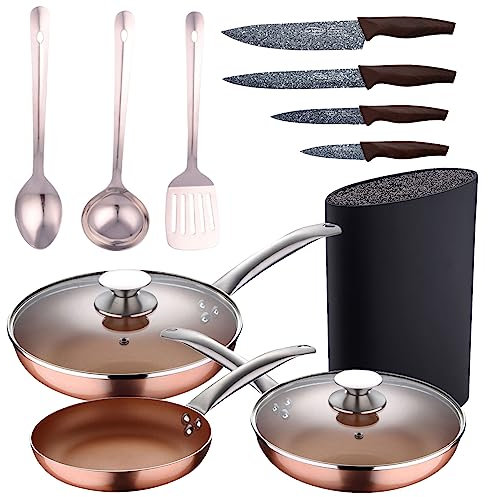 Set 5pc sartenes 20,24,28 cm (con tapa) aluminio prensado inducción con Set 3 pc utensilios cocina acero inoxidable con Set 4pc cuchillos acero inoxidable con Ta