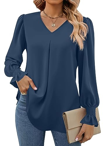 Funlingo Womens Shirts 2026 Long Sleeve Tops Dressy Casual V Neck Tunics Chiffon Blouses Work Outfits Dusty Blue XL