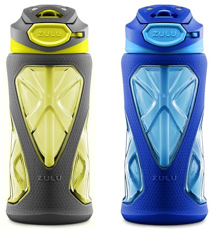 ZULU Torque 2 Pack 16oz Plastic Kids Water Bottle with Silicone Sleeve and Leak-Proof Locking Flip Lid, Soft Touch Carry Loop for School Backpack, Lunchbox, BPA-Free Dishwasher Safe, Grey/Green