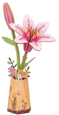 Rolife 3D Puzzle en Bois Bouquet de Fleurs en Bois Artisanat Modèle pour Adulte Fleur Eternelle Cadeau Romantique pour Femme Noël/Anniversaire/Saint Valentin/Fête des Mères (Lys Rose)