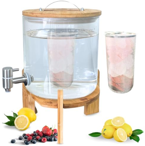Dispensador de Bebidas de Cristal con Grifo, Piedras Terapéuticas, Tapa y Soporte Madera de Bambú - Incluye Filtro para Mezclar en Interior - 5 Litros