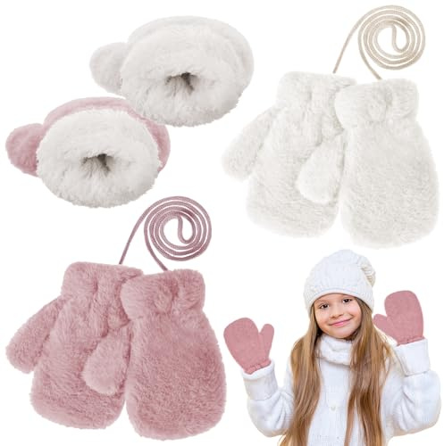 Yimomoyi Moufles Enfant 2 Paires Gants d'Hiver Gants Enfant, Gants d'Enfants, 3 à 7ans Enfants Thermique Mitaines avec Corde, Moufle Epais Enfants Gant Cadeau de Noël (Blanc + Rose)