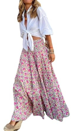 fdsmall Falda Bohemia de Mujer Medio Cuerpo con impresión elástica de Cintura a Falda de Playa Casual de Verano Femenina (FR/ES, Letras, M, Regular, Regular, Pink)