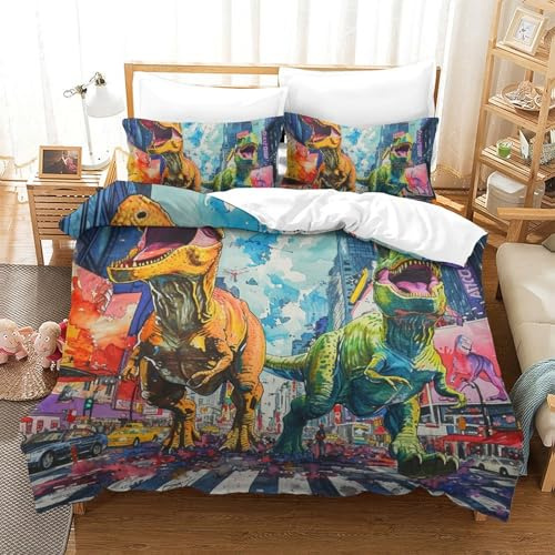 VFKLZCNYR 3D Con Stampa Di Dinosaur Set Di Biancheria Da Letto Con 3 Pezzi Copripiumino Con Cerniera E Federe Per Ragazzi E Ragazze,coppie,camera Da Letto,decorazione Double（200x200cm）