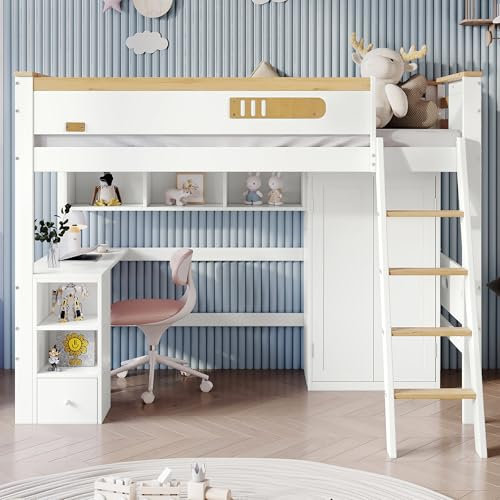 MOBETTRES Våningssäng, hussäng, barnsäng, med fallskyddsgaller, med bord och garderob, öppen hylla, gott om förvaringsutrymme, med fyrstegsstege, tall + MDF + plywood, vit + natur, 90 x 200 cm