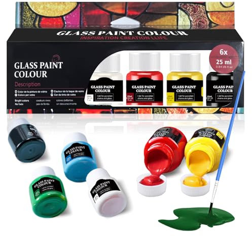 WEILAOK Glasfarbe auf Wasserbasis, Glass Paint Keramikfarbe Porcelain & Glass Starter Set, Acrylfarbe zum Bemalen von Tassen, Tellern, Weingläsern 6 x 25 ml Farbe und Pinsel