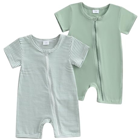 XIXIMAON Baby Romper 2 Piece Set Stripe Short Sleeve Jumpsuit Zipper Bodysuit Unisex Newborn Summer Clothes Toddler Boy Rompers Girl One Piece Outfit (Green, 0-3 Months)