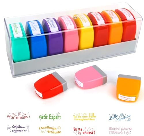 RNPKZ Tampon Encreur Enseignant Français, Lot de 8 Tampon Encreur pour Enfant,Tampons Auto Encreur Tampons Enseignant Maternelle Cadeau pour Professeur TamponEcole avec Boîte pour Encourager Élèves(B)