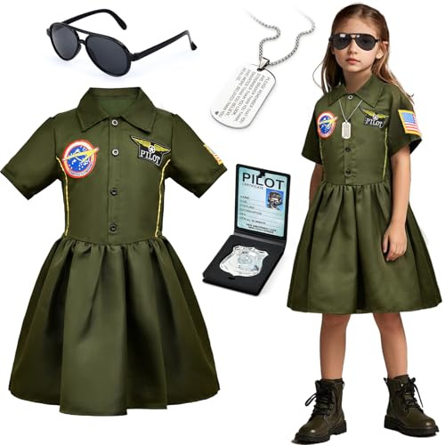 Tacobear Costume Pilota Bambina Vestito da Aviatore con Occhiali da Sole Collana Uniforme de Pilota Costume per Halloween Carnevale Cosplay (Verde Militare, 120, 4-5 Anni)