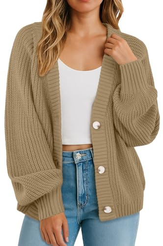 GRECERELLE - Maglioni da donna cardigan a maniche lunghe morbidi, maglioni da donna in maglia con collo a V, cardigan oversize chunky con bottoni per donna UK, autunno, inverno, primavera, cachi, M