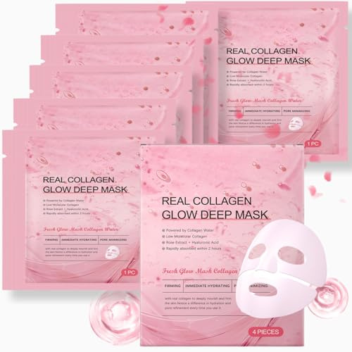Real Collagen Face Mask Korean Skincare: Real Deep Mask,Sheet Mask for Deep Hydration Anti-Wrinkle & Pore Minimizing, Hyaluronic Acid & Rose Extract, Glow like Glass Skin (6PCS)