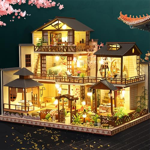 Miniature House Kit for Adult,Mini House Building Kit, DIY Miniature Kit for Adults, Wooden Mini Dollhouse Kit for Birthday Christmas，Retro Courtyard