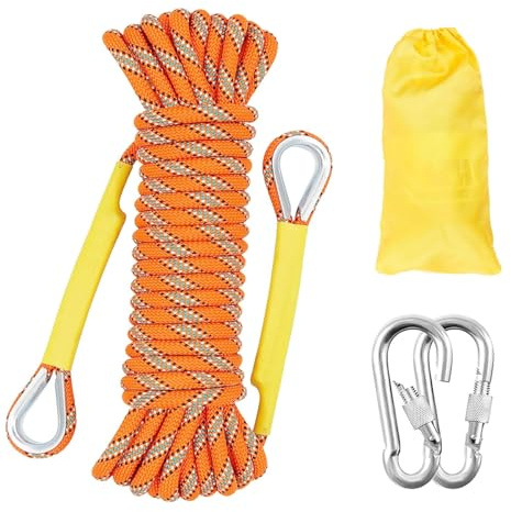 Gangying 50m Corde d'escalade Statique 12mm Cordon Accessoire Équipement Corde d'évacuation avec 2 Mousquetons pour Équipement d'escalade sur Glace Sauvetage Incendie