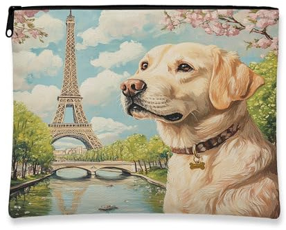 Trousse artistica vintage con cane color crema con Torre di Parigi, borsa da viaggio per cosmetici, da donna, organizer portatile in tela con cerniera, borsa da toilette primaverile per la cura della