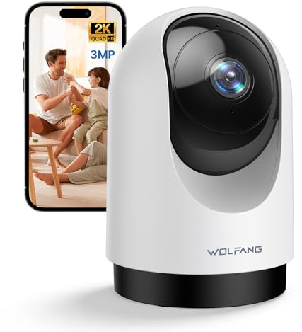 WOLFANG WS03 2K Security Camera Indoor, WiFi Camera 3MP, Pet Dog Camera Baby Monitor with Motion Sound Detection, 360° Rotation, Night Vision, 2-Way Audio, Cloud/SD, Works with Alexa/Google