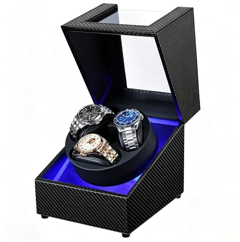 J&T Technology Enrollador de relojes automáticos, cargador automático de relojes con luz LED, caja giratoria con motor silencioso japonés, 4 modos de rotación, USB tipo C, Cuero de fibra de carbono