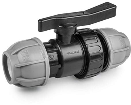 BFG Raccord de Plomberie MDPE pour Tuyaux d'Eau, Manchon 32mm x 32mm avec Vanne à Bille, pour Tuyau MDPE en Plastique, 10 Bar, Température Max. 45°C, Raccords à Compression