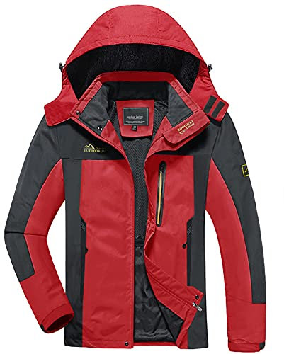 KEFITEVD Softshell Jacke Herren Outdoor Multi Taschen Leicht Wanderjacke Patchwork Kapuzenjacke Sport Herrenjacke Lässig Männer Sommer Jacke Rot XL