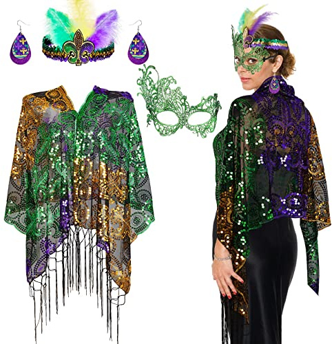 Geyoga 4 Pack Mardi Gras Costume Accessories Set Including Tassel Shawl Scarf, Masquerade Mask, Feather Glitter Headband, Dangle Earrings for Carnival Celebration Parade Dress Party