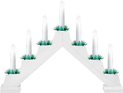 Traditional Christmas Candle Bridge Arch Wooden 7 LED Pre Lit Xmas Window Home Festive Decoration Battery Operated Advent Light With Timer (White)