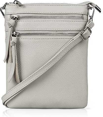 befen Echtleder Umhängetasche Damen Klein Handtasche Leder Crossbody Bag mit 4 Fächern, Handytasche zum Unhängen Damen mit verstellbarem Schultergurt, Grau