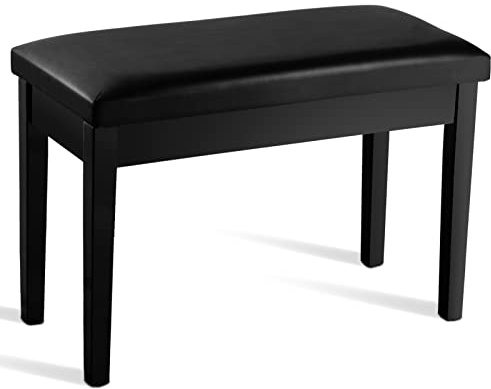 GYMAX Piano Bench with Storage and Padded Cushion, Double Duet Seat, Wooden Legs, PU Leather Keyboard Stool for Kids Adults (Flat Surface+Straight Leg, Black)