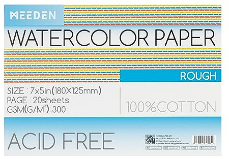 MEEDEN Akvarell Pappersblock, 100 % bomull akvarellpapper med 20 ark, 140 lb/300 gsm, syrafritt konstpapper för akvarell, gouache, bläck och mer, 5 x 7 tum grovt korn