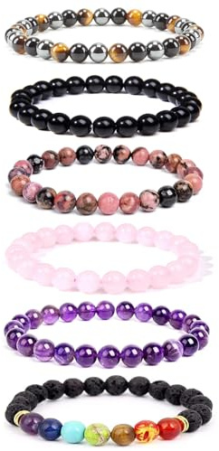 Epoch World 6 st armband i natursten, pärlor, herr, dam, armband, natursten, stretcharmband, elastiska armband, smycken för män och kvinnor, 8 mm stenar, Sten