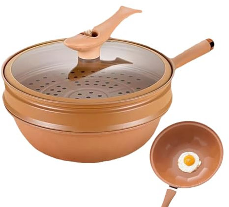Wok antiadhésif,Poêle à frire avec couvercle,Wok En Fer De 32 cm,Poêle Antiadhésive,Wok Antiadhésif Avec Panier Vapeur,Poêle Et Cuisson À Cuit Vapeur Pour Cuisinières Électriques, À Induction Et À Gaz