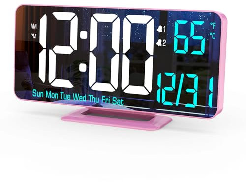 KOSUMOSU Rosa Digitaluhr für Schlafzimmer, 17 cm, Dual-Wecker mit Dimmung, 12/24 Stunden, Sekunden, Datum, Wochentag, Temperatur, Computeruhr