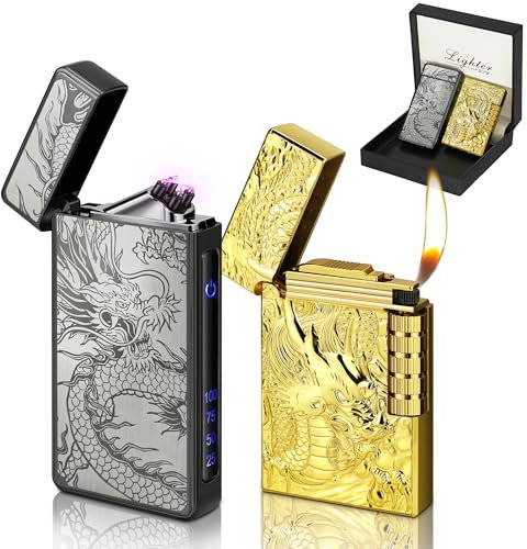 Lafagiet 2 Pack of Dragon Lighters, Electric Arc Lighter + Soft Flame Metal Lighter, USB C Recharge & Butane Gas Refill, Multipack Lighters for Gift, Father, Men (No Gas)