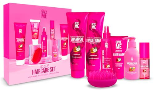 Give Me Cosmetics, Shampoo and Conditioner Sets, with Hair Mask, Heat Defence Spray, Repair Cream, Serum, Detangle Hairbrush, Argan & Coconut Oil, Paraben Free, Haircare Gift Set