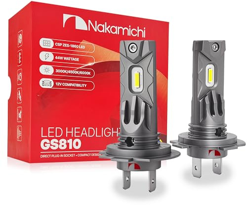 Nakamichi GS810 Series H7 LED żarówki do reflektorów i świateł przeciwmgielnych do wymiany, 12 000 lumenów 44 W na komplet, biel dzienna, Plug and Play, wiązka 1:1, zestaw 2 szt., 6000K, H7