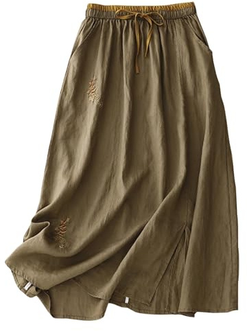 Flodxo Baumwoll-Leinen-Rock für Damen, Sommer, A-Linie, Maxiröcke, elastische Taille, Boho, lange Röcke, Y2K, Retro, Vintage-Stickerei, Tunika-Kleid, elegant, lässig, Büro, Arbeit, Swing-Röcke, Khaki