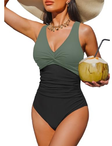 Holipick Green and Black Women Tummy Control One Piece Swimsuit - Push Up Bathing Suit Full Coverage Slimming Swimwear M