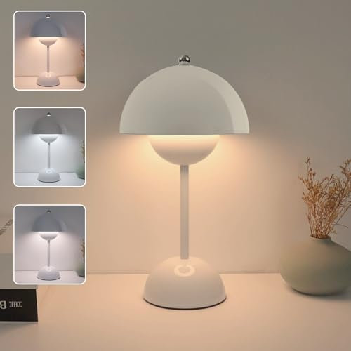 EXTRASTAR Lampada da Tavolo LED Senza Fili Ricaricabile, 3 Modalità Dimmerabile con Paralume a Fungo, 120 LM, USB-C Ricarica, per Camera da Letto, Soggiorno, Ufficio (Bianco)