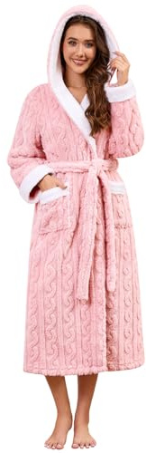 Niwicee Dammorgonrockar fluffiga damrockar med huva fleece badrock vinter lång rock varm nattkläder handduk bad nattkläder för spa hotell hem, Rosa, L