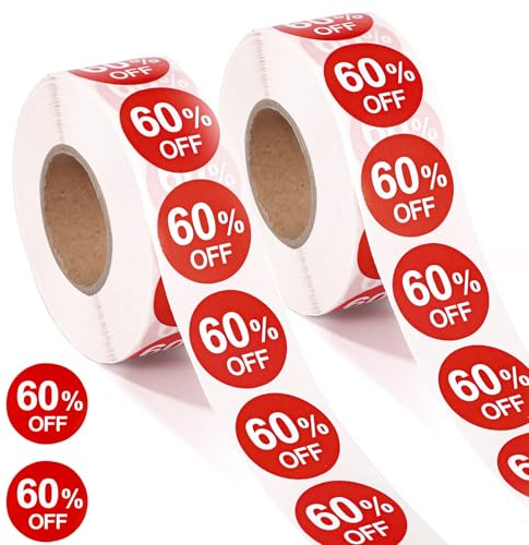 Tinoaly 2000st 60% Rabatt Klistermärken, 2,5cm Runda 60 Procents Rabatt Kampanjetiketter Självhäftande Prisskyltar Reaprisetiketter för Butiker Stormarknader Affärer Garage (Röd)